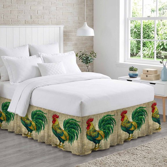 Retro Chicken Bed Skirt King Size 18 Inch Drop, Farm Rooster Vintage Paper Country Animal Adjustable Elastic Dust Ruffles Bedskirt for King Bed Wrap Around Pleated Mattress Frame Cover