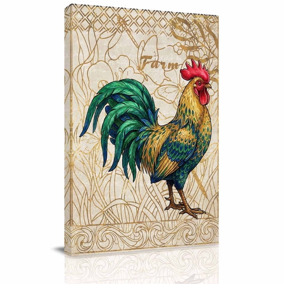Retro Chicken Canvas Wall Art for Living Room, Farm Rooster Animal Gold Plated Linen Texture Wall Decor Framed Artwork Pictures Ready to Hang for Bedroom Office Home Decor