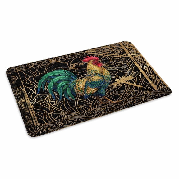 Retro Chicken Doormat Farm Rooster Animal Black Gold Plated Texture Non Slip Low Profile Rubber Door Mat Washable Absorbent Indoor Front Door Mat Entryway Rug Entrance Carpet 24x36 Inch