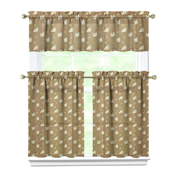 Retro Chicken Farm Art Kitchen Curtains Set - Hen & Eggs Theme, Rod Pocket Tier Panels for Country Style Homes