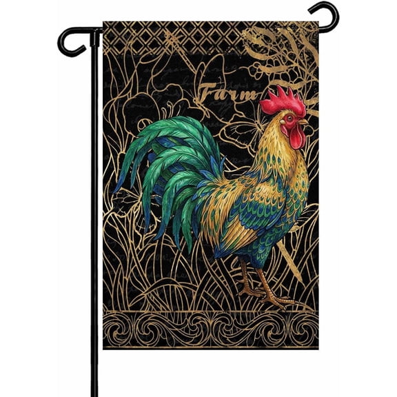 Retro Chicken Garden Flag 12x18 Inch Farm Rooster Animal Black Gold Plated Texture Double Sided Yard Flags for Outdoor Decoration Welcome Flag Outside Holiday Home Garden Porch lawn Patio Sign