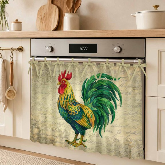 Retro Chicken Oven Skirt Curtain for Door Farm Rooster Vintage Paper Country Animal Stove Cover with Ruffled Trim & Ribbon Ties, Appliance Cover for Dishwasher Cabinet Kitchen Decor 32x24 Inch