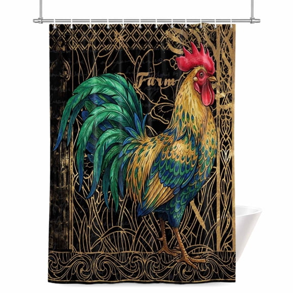 Retro Chicken Shower Curtain, Farm Rooster Animal Black Gold Plated Texture Waterproof Shower Curtain Set with 12 Hooks Lightweight Bath Curtains Fabric Bathroom Decor 48x72 Inches
