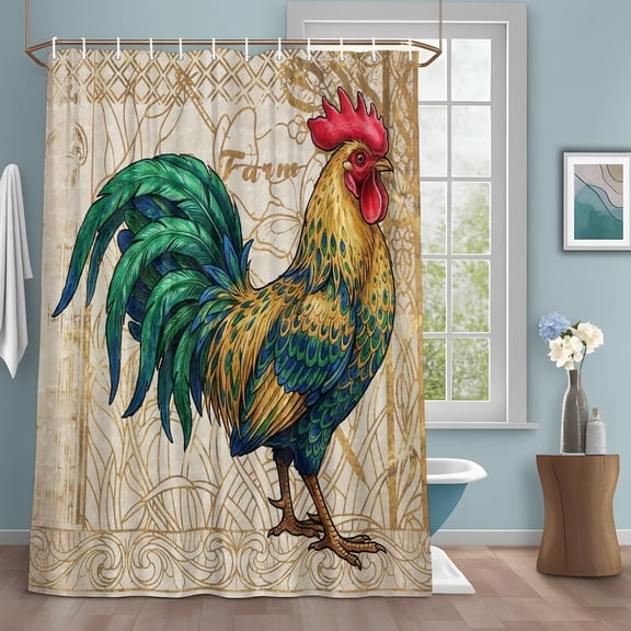 Retro Chicken Shower Curtain with Hooks, Farm Rooster Animal Gold Plated Linen Texture Water Repellent Shower Curtains for Bathroom Decor Sturdy Shower Curtain, Machine Washable 36x72 Inch
