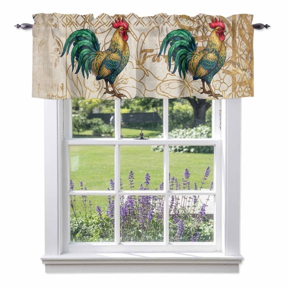 Retro Chicken Valances for Windows Farm Rooster Animal Gold Plated Linen Texture Rod Pocket Cafe Window Treatments Valance Curtains for Kitchen Bathroom Laundry Basement Windows 54"x18"
