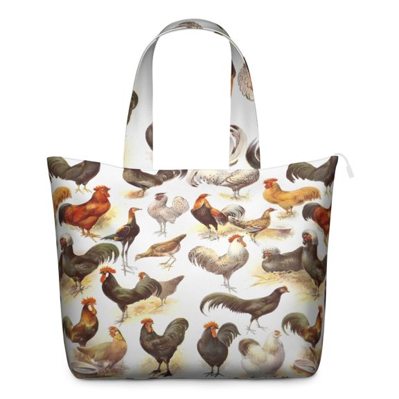 Retro Chicken and Egg Print Weekender Bag, Cute Hen and Chick Farmhouse Travel Tote, Watercolor Rooster Duffel for Country Style Lovers