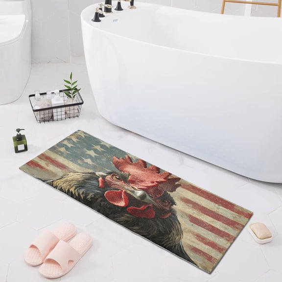 Retro Chicken with American Flag Bath Mat 39x20 Non-Slip Bathroom Rugs Absorbent Soft Plush Quick Dry for Tub Shower Kitchen Home Decor