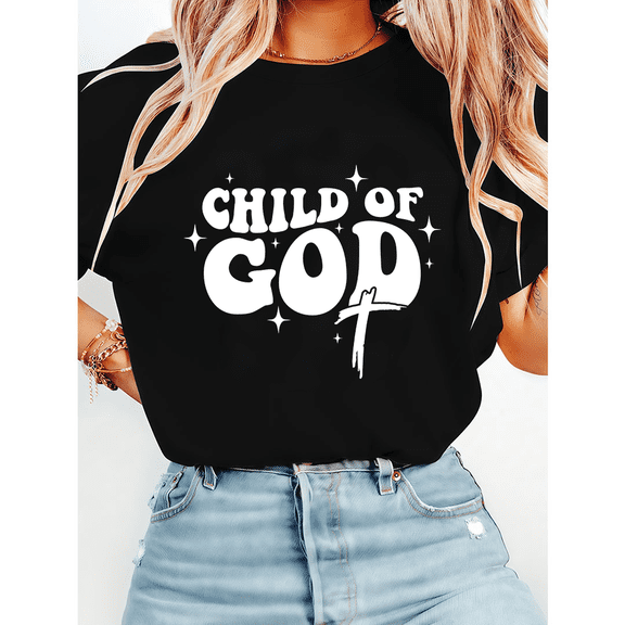 Retro Child of God White Letter Print Tshirts for Women Classic Inspirational Faith Based Graphic Tees Short Sleeve Christian Shirts Casual Tops for Holiday Black,S