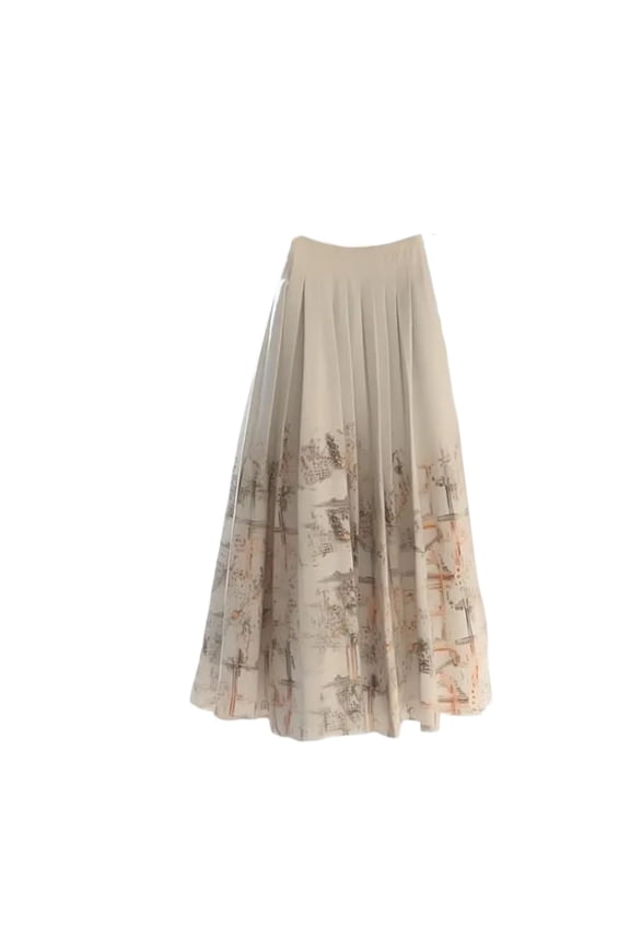 Retro Chinese Style Summer Skirt for Women Elastic Waist, Patchwork, Pleated