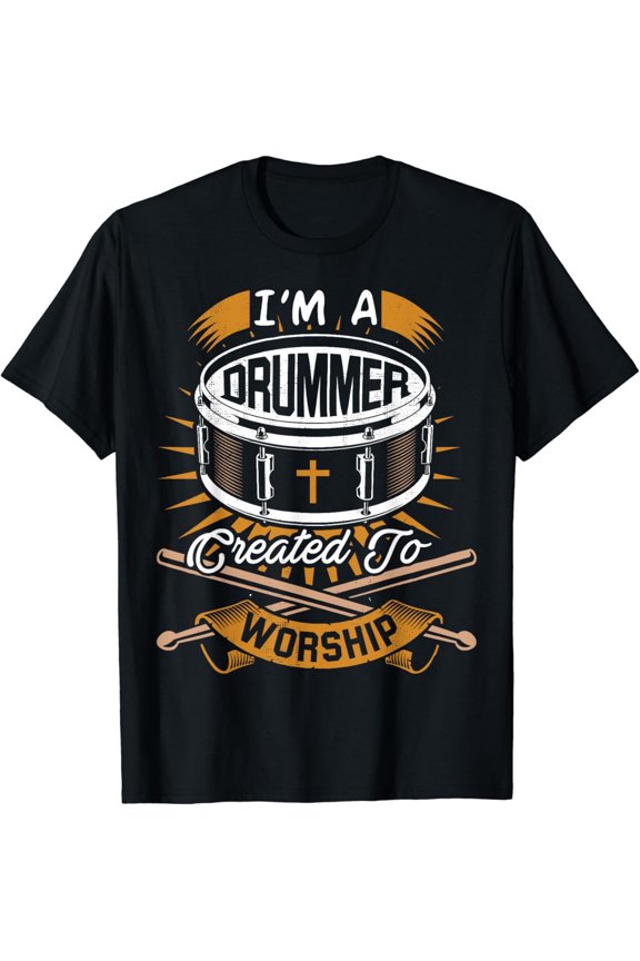 Retro Christian Drummer T-Shirt I'm A Drummer Created To Worship Musician Faith Graphic Tee Men Women Percussionist Gift