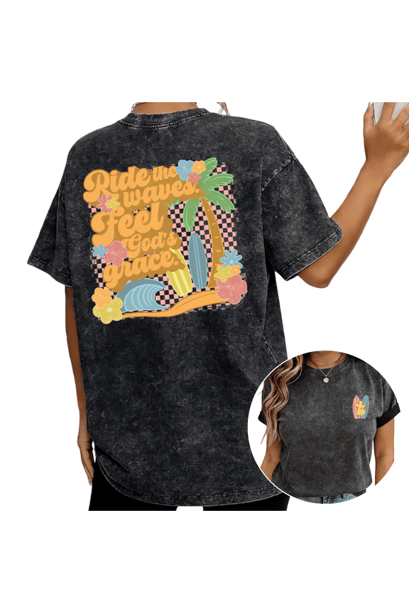 Retro Christian Surf Ride The Waves God's Grace Wash Print Tshirt S-2XL Acid Washed Black Graphic Tees Casual Shirts for Beach Faith Tops