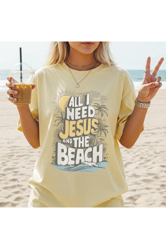 Retro Christian Trendy Oversized Tee, All I need is Jesus and the Beach T-shirt, Sunset Summer Shirt, Faith Christian Gift