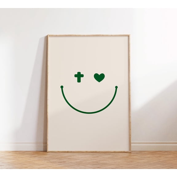 Retro Christian Wall Art Cross Heart Cute Green Wall Decor, Unframed Paper Poster 8x10in