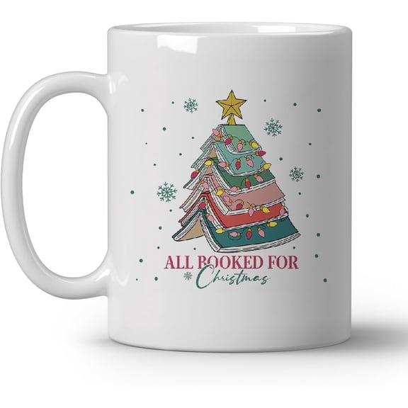 Retro Christmas Book Tree Coffee Mugs, Xmas Tree Snowflake Ceramic Coffee Mug, Stocking Stuffer Holiday Gifts for Book Lovers Women Teen Girls Book Club, 11oz Ceramic Cup White