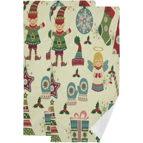 Retro Christmas Hand Towels, Xmas Elements Kitchen Towel Ultra Soft and Absorbent,Decorative Fingertip Face Towel for Bathroom Hotel, 2 PCS, 28.3"x 14.4"