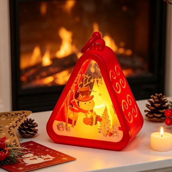 Retro Christmas Mini Triangular LED Lantern Night Light, Paper Cut Shadow Hanging Lamp, Warm Light Tabletop Ornament for Xmas Home Decor