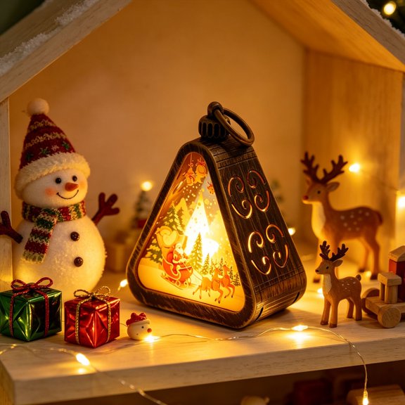 Retro Christmas Mini Triangular LED Lantern Night Light, Paper Cut Shadow Hanging Lamp, Warm Light Tabletop Ornament for Xmas Home Decor