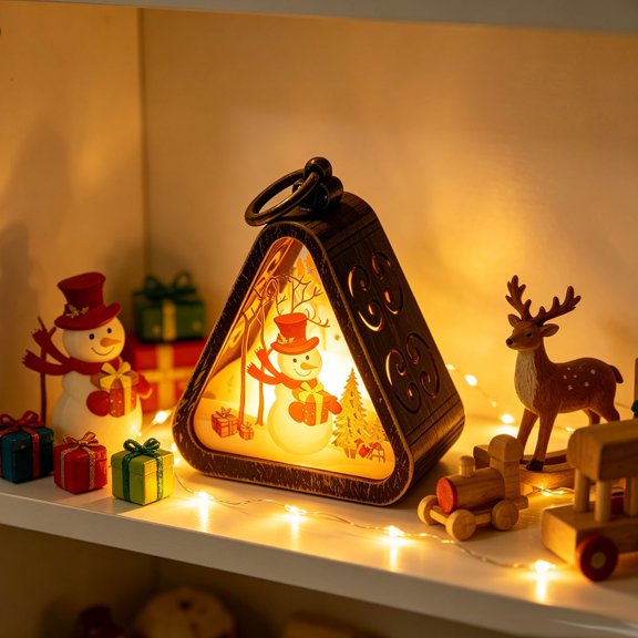 Retro Christmas Mini Triangular LED Lantern Night Light, Paper Cut Shadow Hanging Lamp, Warm Light Tabletop Ornament for Xmas Home Decor