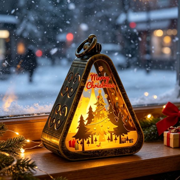 Retro Christmas Mini Triangular LED Lantern Night Light, Paper Cut Shadow Hanging Lamp, Warm Light Tabletop Ornament for Xmas Home Decor
