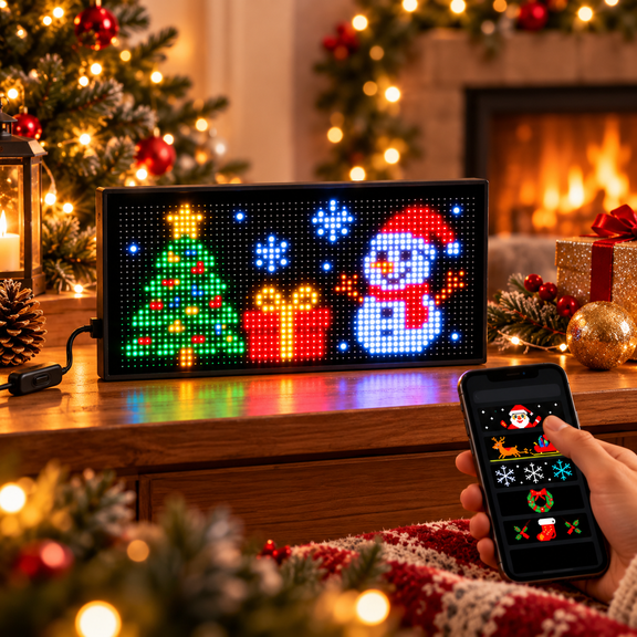 Retro Christmas Pixel Light Display, USB LED Holiday Animation Panel with Phone Control, 80s Christmas Vintage Inspired Indoor Window Wall Desk Decor (4.0×13.7 in)