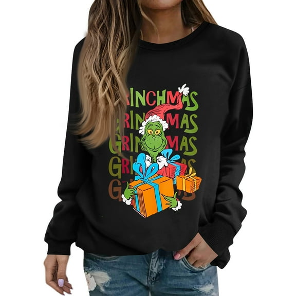Retro Christmas Sweatshirts for Women Xmas Long Sleeve Shirts Crewneck Pullover Black Large