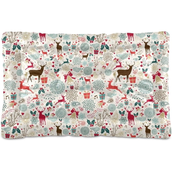 Retro Christmas Symbols Personalized Dog Kennel Pad, Soft Dog Mattress, Non-Slip Bottom, 24" X 18" Machine Washable Pet Mat Home Decor