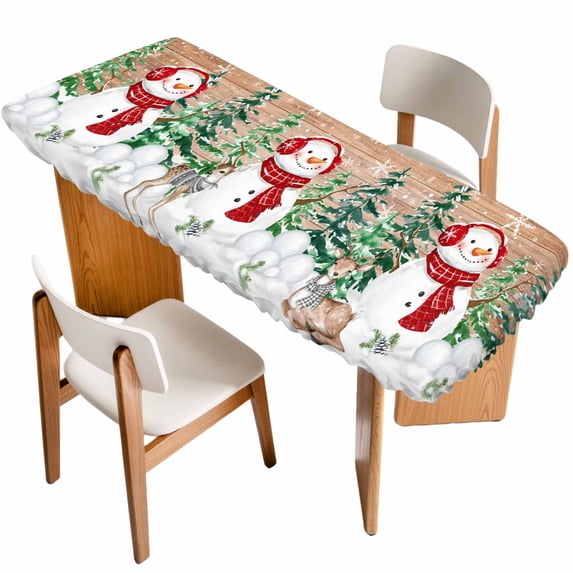 Retro Christmas Table Cloths for 8 Foot Rectangle Tables, Red Snowman Pine Tree Snowflake Elk Wooden Patio Waterproof Elastic Fitted Tablecloths, Washable Rectangular Table Cover for Camping