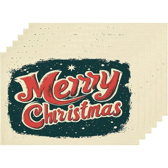 Retro Christmas Text Placemats, Red Beige Dots Dark Green Table Mat Linen Burlap Washable Double-Deck Heat Insulation for Dining Table Kitchen Table Set of 6 (12 X 18 Inch)