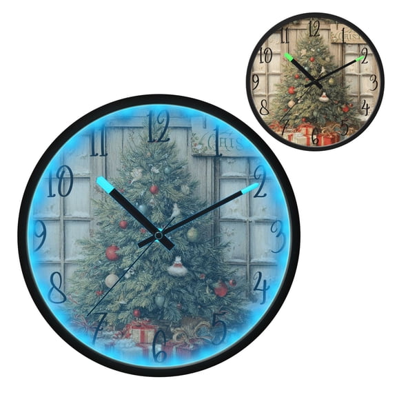 Retro Christmas Tree Luminous Wall Clock with Sound-Activated LED 12-Inch Silent Acrylic Timepiece for Bedroom Livingroom or Office