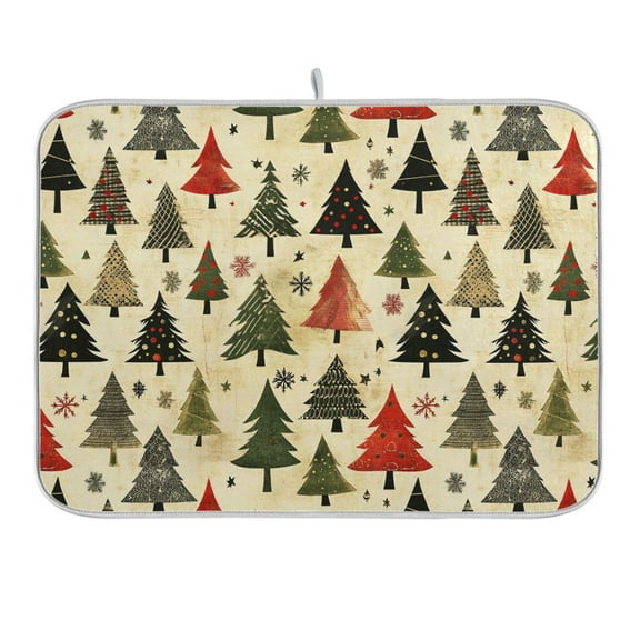 Retro Christmas Trees Dish Drying Mat 16x18 Absorbent Microfiber Draining Rack Pad for Kitchen Counter Sink