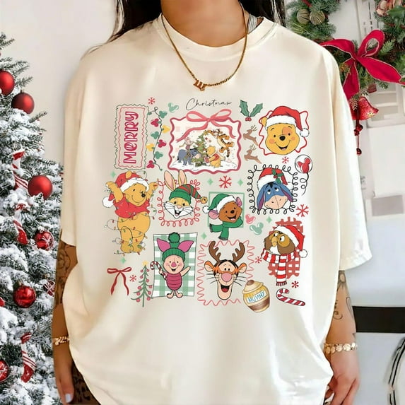 Retro Christmas Winnie The Pooh Coquette Comfort Colors Shirt, Pooh Christmas Shirt, Disney Christmas Shirt, Pooh and Friends Merry Christmas Shirt