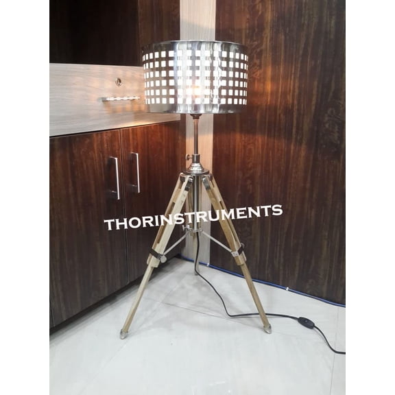 Retro Chrome Style Natural Wood Tripod Table Lamp With Chrome Shade