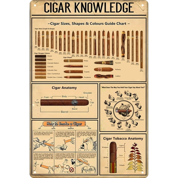 Retro Cigar Knowledge Poster, Vintage Tin Metal Sign for Home Bar Garage, Funny Cigar Quote Wall Art, Unique Gift for Men, 8x12 Inches, Brown