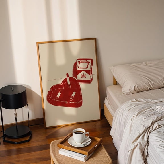 Retro Cigarette & Heart Ashtray Art Print Edgy Red Minimalist Poster for Dorm Room or Apartment Trendy Grunge Physical Wall Decor
