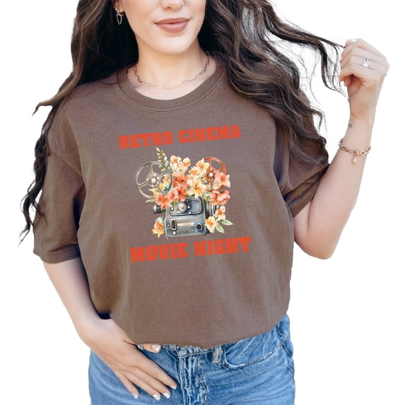 Retro Cinema Movie Night Floral Graphic Tee, Vintage Film Lover Shirt, Movie Night Gift, Floral Camera Design, Unique Gift for Film Buffs, Espresso Comfort Colors T-Shirt, Small