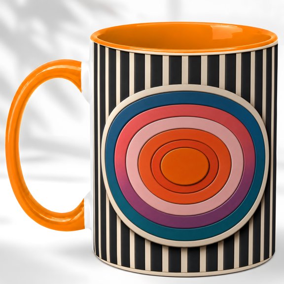 Retro Circle Coffee Mug, Geometric Stripe Mug, Ceramic 11 oz