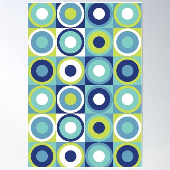 Retro Circles Funky Checker Teal Blue Green Poster Wall Art, Modern Wall Decor For Living Room Bedroom, 24x36 UNFRAMED