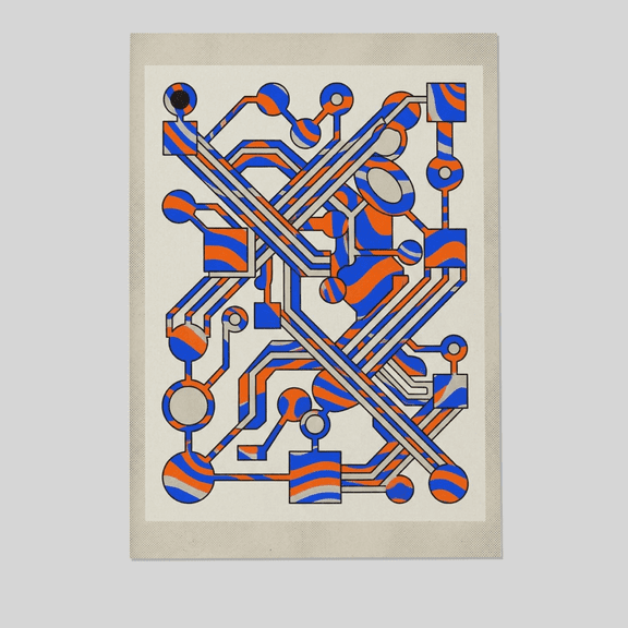 Retro Circuit Board Poster, Orange Blue Tech Wall Art Full Size The Golden Shop