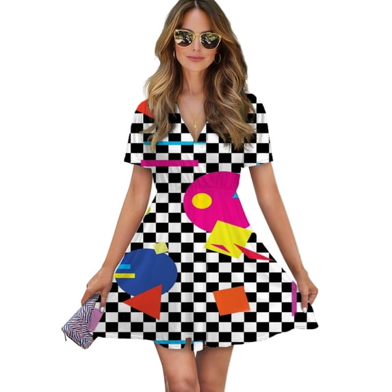Retro Classic 1980s Shapes On Black And White Check Women Dress V-Neck Short Sleeve Flowy Swing Party Midi Dress