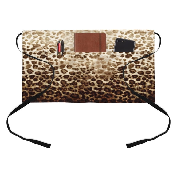 Retro Classic Brown Leopard Print Kitchen Restaurant Half Waist Apron, Animal Fur Gradient Texture Server Short Apron with 3 Pockets Waterproof Oil Waist Aprons for Women Waitress Waiter