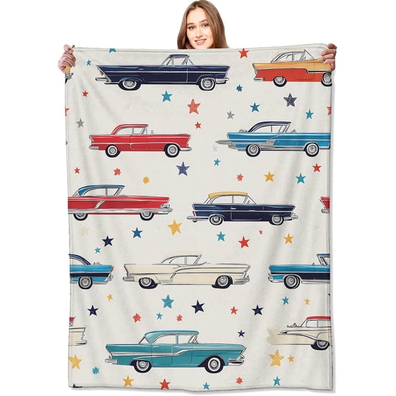 Retro Classic Car Blanket Vintage Automobile Throw Blankets with Colorful Classic Cars and Star,Birthday Gifts for Kids Adult,Lightweight Soft Fleece,for Sofa Couch Bed Room Decor 40x50in