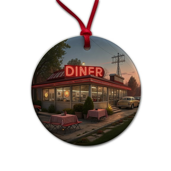 Retro Classic Roadside Dinner With Neon Sign Christmas Tree Holiday Round Ceramic Ornament