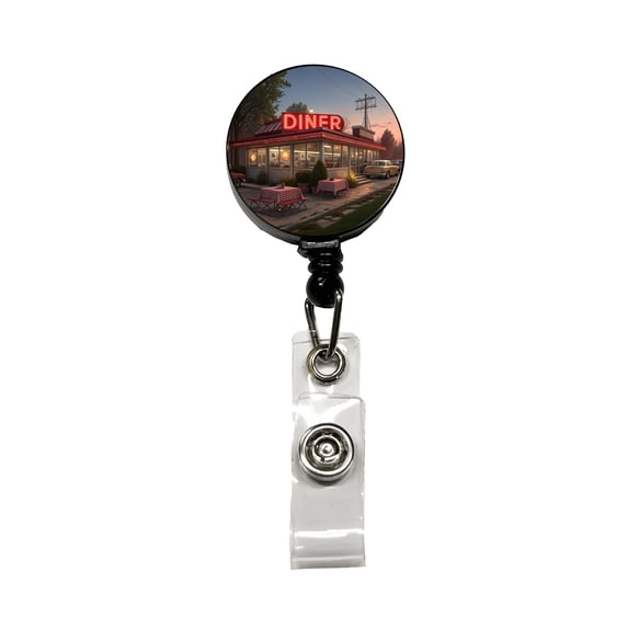 Retro Classic Roadside Dinner With Neon Sign Retractable Reel ID Badge Key Card Name Tag Holder with Clip
