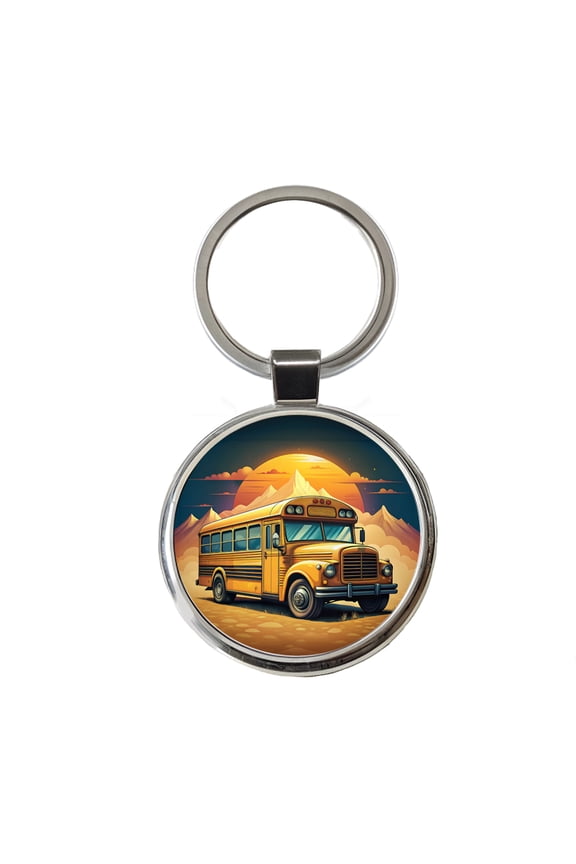 Retro Classic School Bus Metal Round Keychain