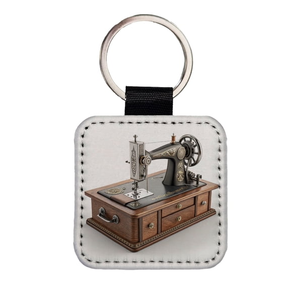 Retro Classic Sewing Machine Faux Leather Square Keychain