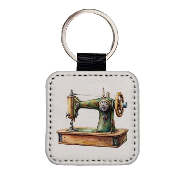 Retro Classic Sewing Machine Watercolor Faux Leather Square Keychain