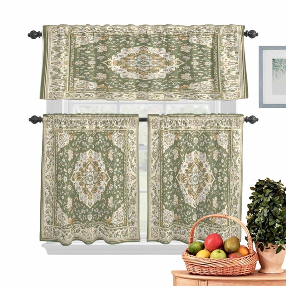 Retro Classical Floral Kitchen Curtains Valances 3 Piece Set, Vintage Green Ethnic Bohemian Style Rod Pocket Tier Curtain and Valance Drapes for Small Window 24 Inch Length for Bedroom Cafe