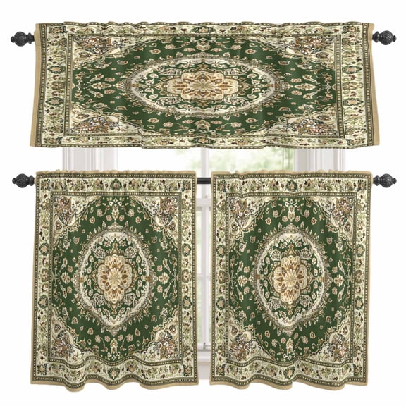 Retro Classical Floral Kitchen Curtains Valances and Tiers Set of 3 Green Ethnic Bohemian Pastoral Tier Curtains and Valance with Rod Pocket for Small Windows, 27.5"x24"