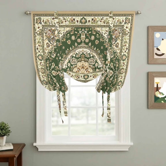 Retro Classical Floral Tie Up Curtain 45 Inches Long, Green Ethnic Bohemian Pastoral Balloon Style Kitchen Window Curtain Over Sink, Small Window Rod Pocket Curtain 34"x45"
