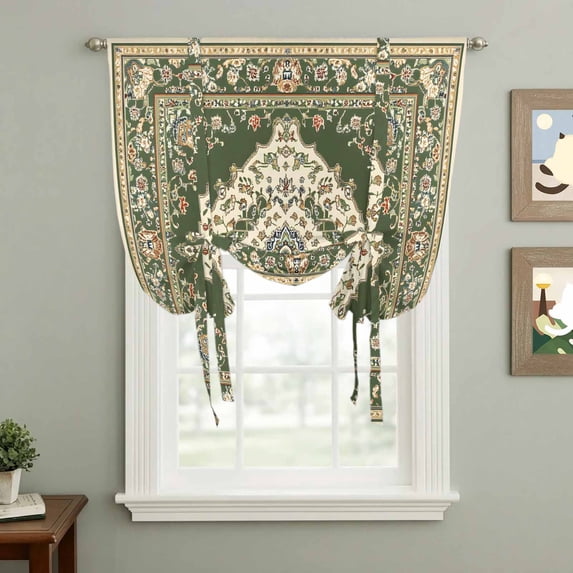 Retro Classical Floral Tie Up Curtain 54 Inches Long, Dark Green Ethnic Bohemian Pastoral Balloon Style Kitchen Window Curtain Over Sink, Small Window Rod Pocket Curtain 42"x54"